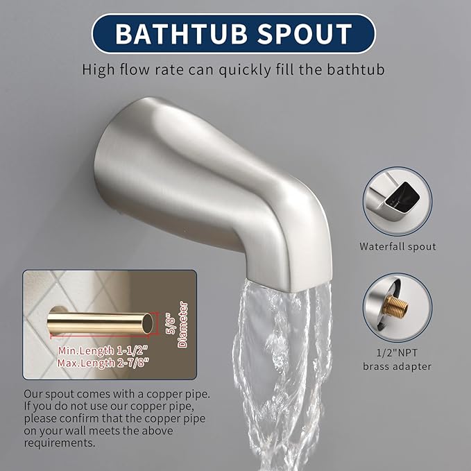 3 Handle Shower Faucet Set with Tub Spout Bathtub Shower Faucets Combo Set Shower System Complete Tub and Shower Trim Kit Brushed Nickel