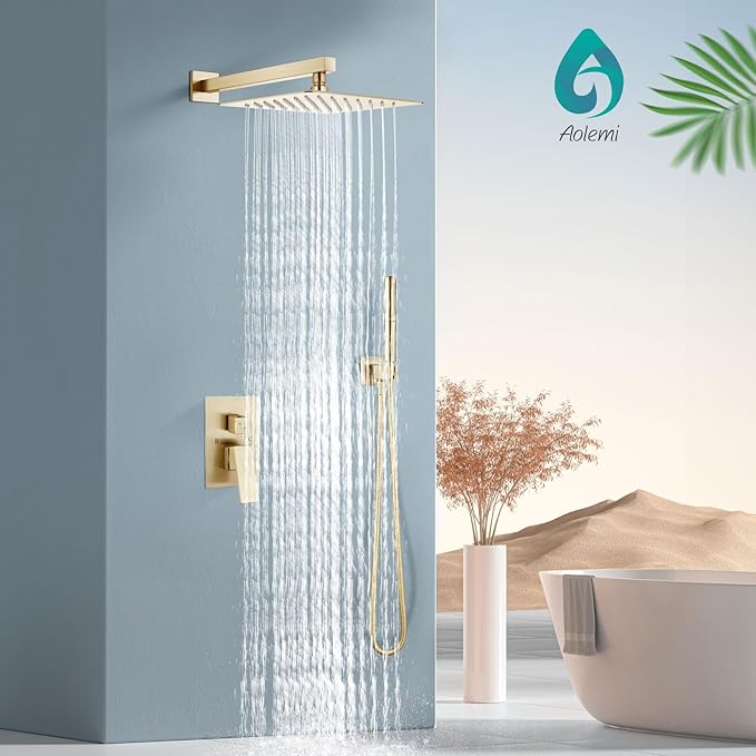 Aolemi Shower System with Rainfall Shower Head and Handheld Wall Mount,High Pressure Shower Faucet Set Fixture Combo with 2 in 1 Handheld Spray Rough-in Valve,10 Inch Shower Head Brushed Gold