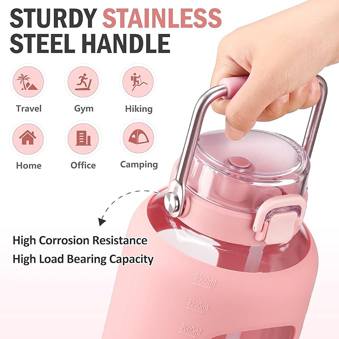 84oz Glass Water Bottle with Stainless Steel Handle,2.5L Gallon Water Bottle With 2-IN-1 Straw Lid, Silicone Sleeve and Motivational Capacity Marker, Wide Mouth Water Jug For Gym, Workout, Pink