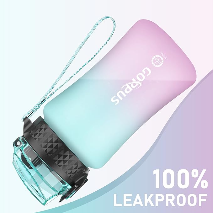 GOPPUS Kids Water Bottle with Straw Spout Lid 10pcs Stickers 12 oz Leak-proof BPA Free Motivational Time Marker Tritan Plastic Water Bottles for Girls Boys School Sports