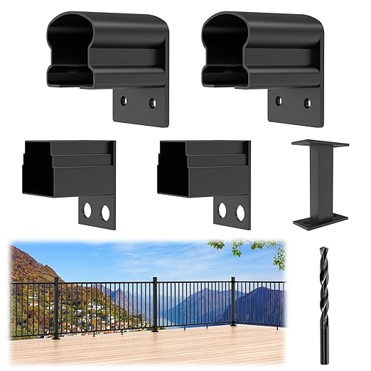 4 Pack Aluminum Deck Railing Bracket Connector with Level Foot & Drill, Fixed Railing Bracket, Black Textured Powder-Coat Finish Railing System (Level Bracket)