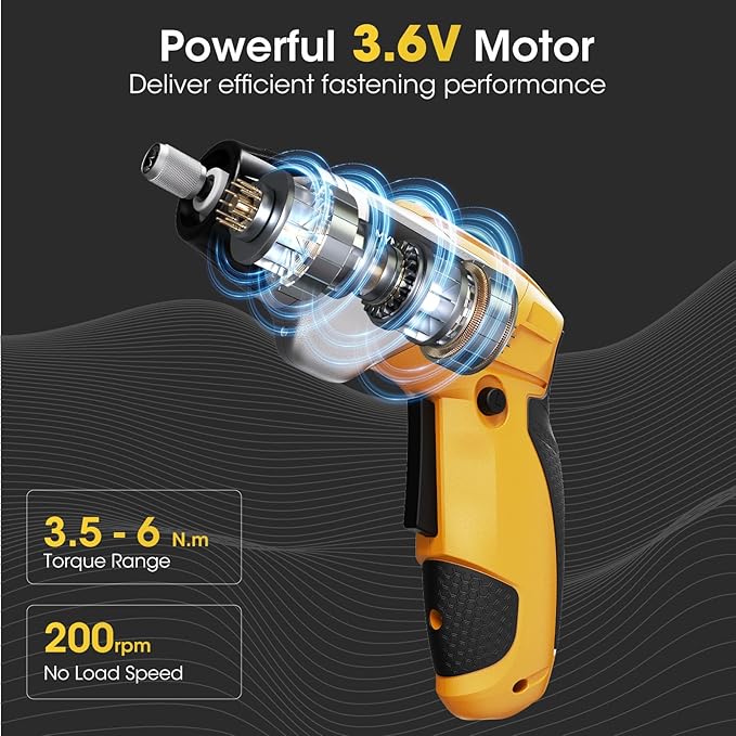 Electric Screwdriver Cordless Set, 3.6V Power Screwdriver Rechargeable with Light, Yellow Screw Gun with Pivoting Handle and Drill, 49 Pcs Accessories, 6+1 Torque Setting, 2000 mAh Battery