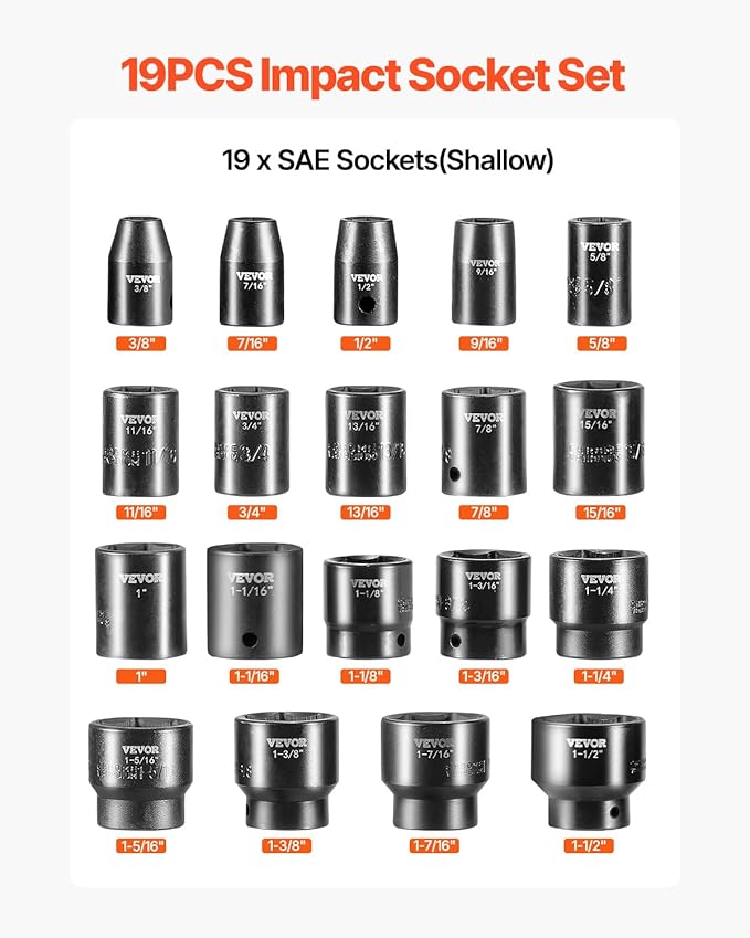 VEVOR Impact Drive Socket Set 1/2 Inches 19 Piece Impact Sockets SAE, Standard Socket Assortment, (3/8 Inches to 1-1/2 Inches) 6-point Hex Sockets