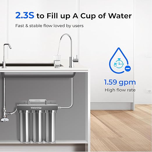 Waterdrop TST-UF 0.01μm Ultra-Filtration Under Sink Water Filter, Stainless Steel, 5X Service Life,Remove 99.99% of Contąminants Larger Than 0.01μm, with Dedicated Faucet, USA Tech (3 Filter Included)