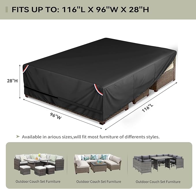 KylinLucky 600D Heavy Duty Rectangular Table Cover 116 x 96 inches - Waterproof Outdoor Dining Set Protector for Patio Furniture