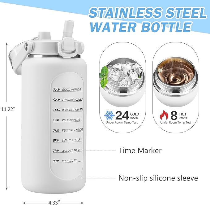 BLUEGO 64oz Insulated Water Bottle with Straw and Handle Leakproof Half Gallon Wide Mouth Motivational Water Bottle, 2-IN-1 Straw Spout Lid Stainless Steel Water Jug for Sport Travel Gym-White