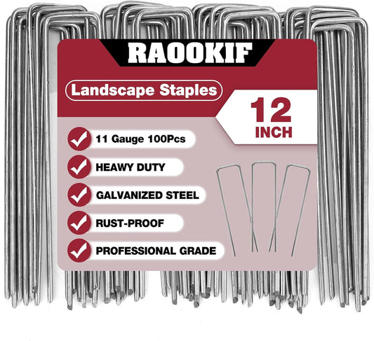 RAOOKIF 12 Inch Galvanized Garden Landscape Staples, 20/50/100/200Pcs Garden Metal Stakes, 11 Gauge Heavy Duty Ground Stakes for Decoration, Fence, Lawn, Fabric Pins