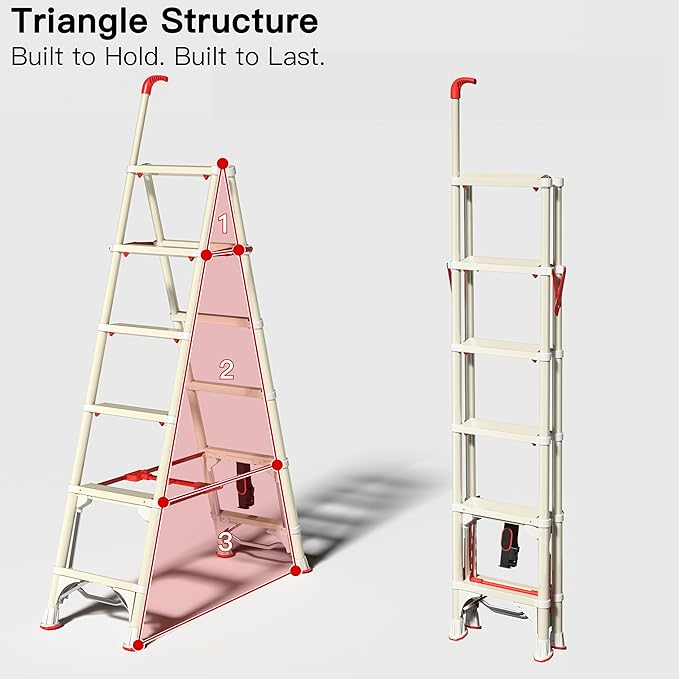 Telescoping 6-Step Ladder, 5.3FT Folding Step Stool with Safety Lock, Wide Non-Slip Pedals & Retractable Handgrip, Heavy Duty 380 lbs for Home & Outdoor