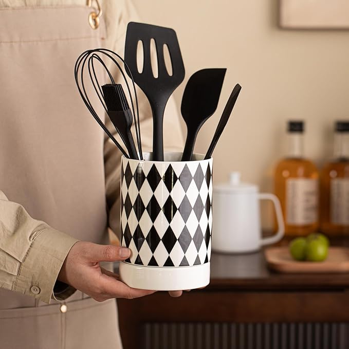 Small Utensil Holder for Kitchen Counter 4.1 x 6 Inches Ceramic Cooking Utensil Crocks Countertop Organizer Vintage Farmhouse Kitchen Decor Caddy,Diamond