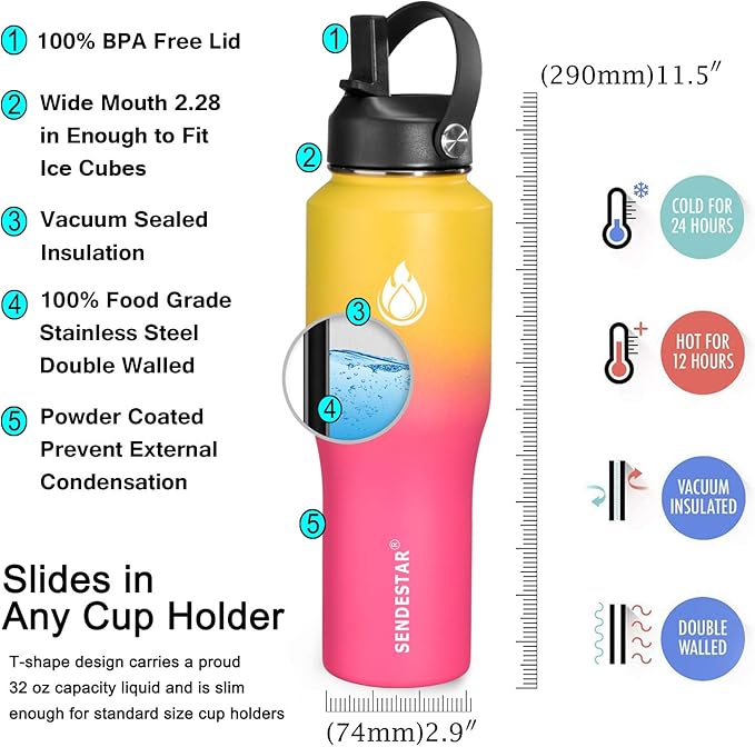 SENDESTAR Water Bottle 32oz,2 Lids(Straw lid),Wide Mouth Stainless Steel Vacuum Insulated Double Wall Keep Liquids Cold or Hot All Day,Sweat Proof Sport Design,Fit Car Cup Holder(Yelow&Pink)