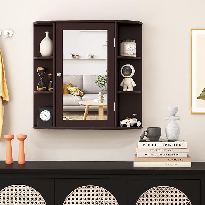 Tangkula Bathroom Medicine Cabinet with Mirror, Wall Mounted Home Storage with Door & 6 Open Shelves, Adjustable Shelves, Mirrored Bathroom Wall Cabinet (Coffee)