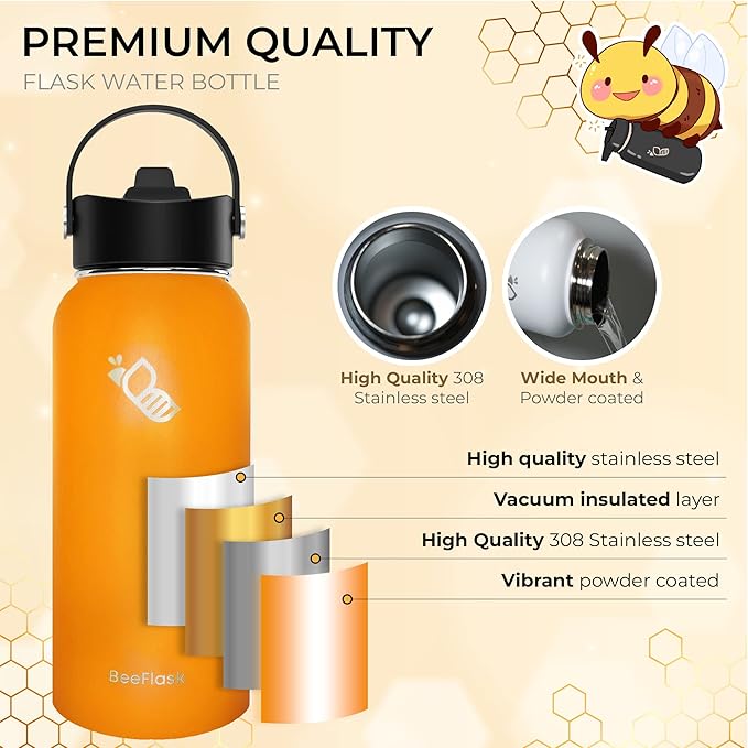 Sports Water Bottle - 32 Oz, 3 Lids (With straw), 50 Cute Stickers, Vacuum Insulated, 308 Stainless Steel, with a Portion of Sales Supporting Bee Conservation Efforts (Orange)
