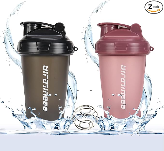 [2 PACK] 17 oz Protein Shaker Bottles Protein Mixer - Leak Proof Shaker Cups for Protein Shakes, Protein Shaker Bottle, Protein Shake Cup, BPA Free & Dishwasher Safe Black/Pink