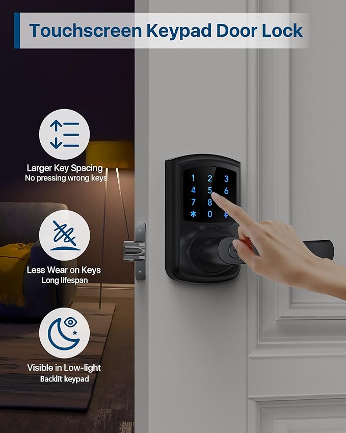 HIDALIFE Keyless Entry Door Lock with Keypad and Handle for Front Doors, Touchscreen Electronic Door Lock, Anti-peep Password, Auto-Locking, Matte Black