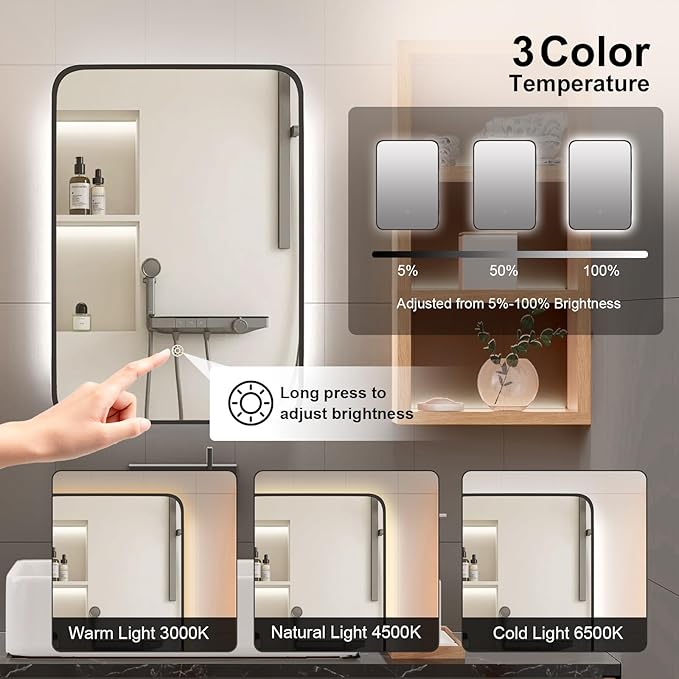 Metal Recessed Medicine Cabinets for Bathroom Medicine Cabinet with Mirror,Black Medicine Cabinet with Light,3 Color Lighted Medicine Cabinets Wall Mounted,Bathroom Mirror with Storage 16x24