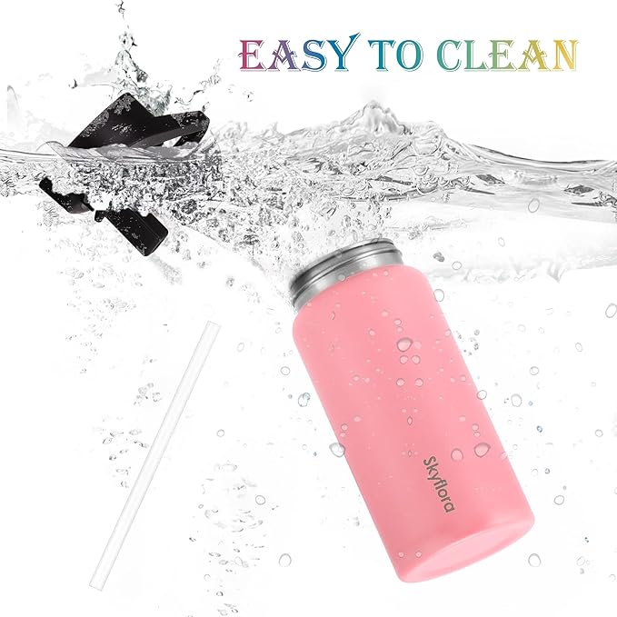 Kids Water Bottle with Straw, 16oz Cute Water Bottle, Single Wall 18/8 Stainless Steel, Dishwasher Safe & Leakproof, Reusable Gift for Girls Boys to School Sports Travel Camping, Pink