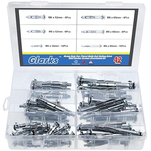 Glarks 42Pcs 6 Size Heavy Duty Zinc Plated Steel Molly Bolt Hollow Drive Wall Anchor Screws Assortment Kit for Drywall, Plaster and Tile
