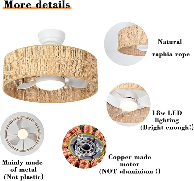 Boho LED Reversible DC Dimmable Ceiling Fan with Light Fixture and Remote Control,Caged Round Cage 3 Blade Small Drum Fandelier for Bedroom Indoor Kitchen Nursery Office Dining Room