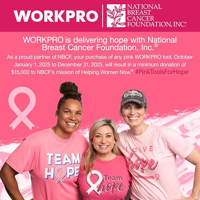 WORKPRO 13-Inch Tool Bag, Pink Soft Cloth Tool Storage Bags, Wide Mouth Tool Tote Bag with Inside Pockets - Pink Ribbon