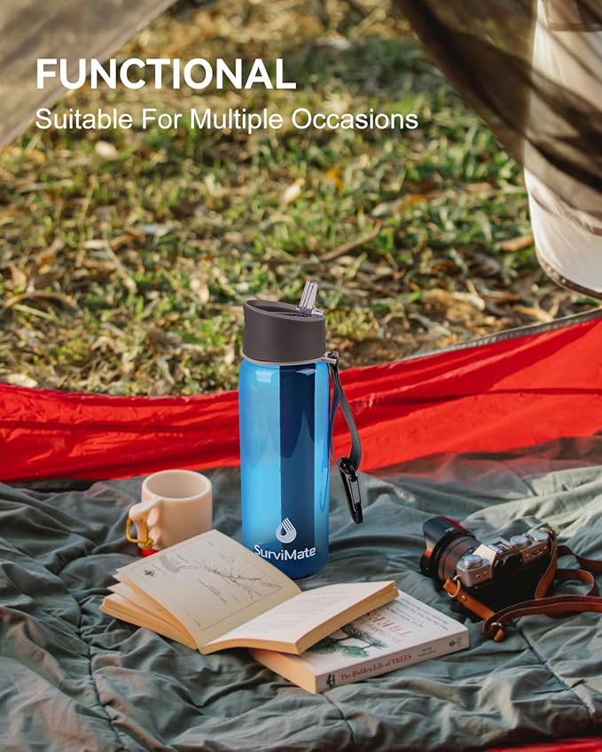 SurviMate 0.01μm Ultra-Filtration Filtered Water Bottle, Portable Water Filter Bottle with 4-Stage Filtration for Survival, Camping, Hiking, Backpacking, Drinking, Emergency