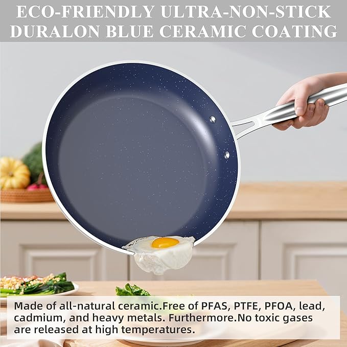 Nuwave Healthy Duralon Blue Ceramic Nonstick Cookware Set, Diamond Infused Scratch-Resistant, PFAS Free, Dishwasher & Oven Safe, Induction Ready & Evenly Heats, Tempered Glass Lids & Stay-Cool Handles