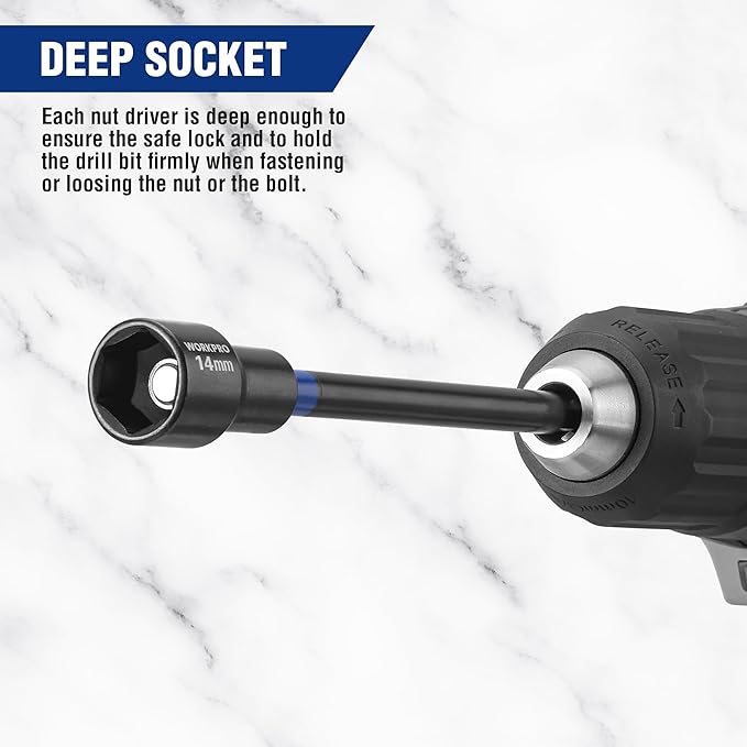 WORKPRO 16-Piece Magnetic Nut Driver Set and Bit, 6" Long Nut Drivers, Metric & SAE Nut Drivers for Impact Drill, Long Shank Nut Driver Bits, 1/4"Hex Shank, Long Power Bits, PH2, with Sturdy Tool Box