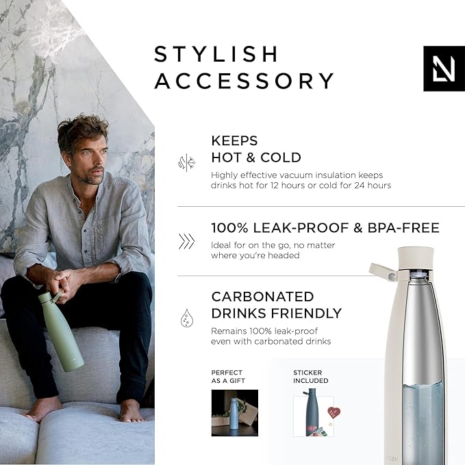 LARS NYSØM Stainless Steel Insulated Water Bottle 25oz 34oz | BPA-free Insulated Thermo Flask for Hot and Cold Beverages | Leakproof Drinking Bottle (Buttercream, 34oz)