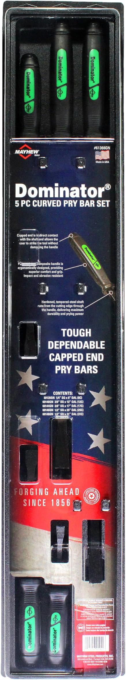 Mayhew Tools 61366GN Dominator Pry Bar Set, 8", 12", 17", 25" & 31" Curved Pry Bars, Green
