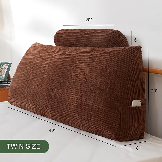 HIGOGOGO Wedge Headboard Pillow, Bed Rest Reading Pillow, Backrest Positioning Support Bolster Cushion with Removable Cover,Twin 40X20.4X8.4,Coffee