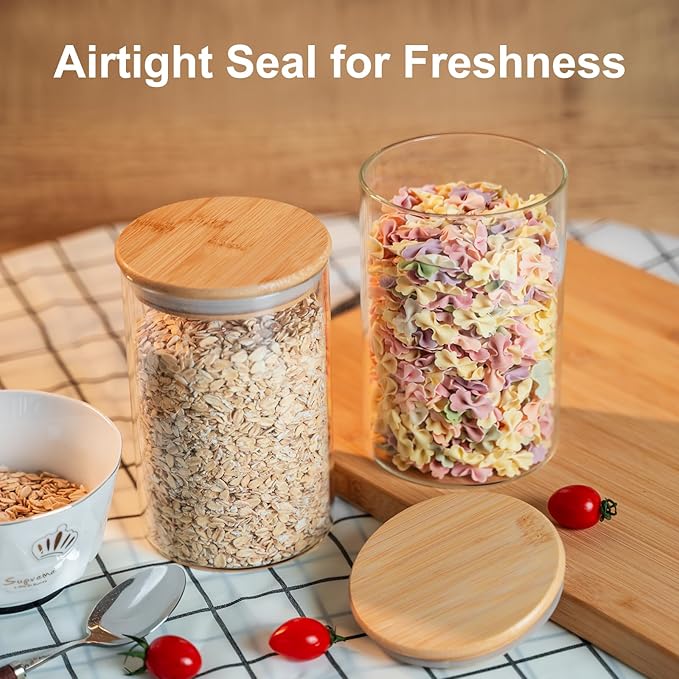 Glass Food Storage Jars 6-Pack 37oz - 4x6 in-Clear Glass Food Canisters with Bamboo Lid Airtight For Serving Tea, Coffee, Flour, Sugar, Candy, Cookie, Spice and More (Circular)