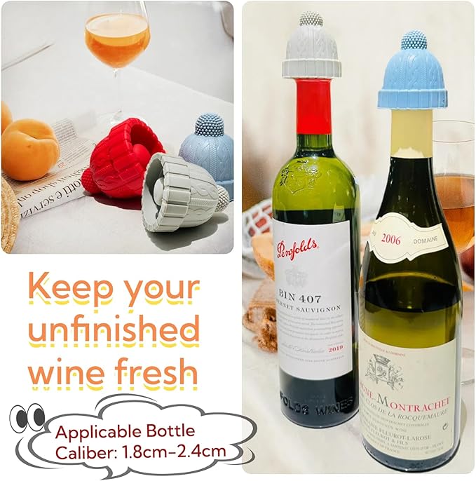 Silicone Wine Bottle Stopper, Reusable Wine Saver to Keep Wine Sealed/Fresh, Fun Wine Stoppers with Knitted Hat Design, Great Choices for Wine Lovers - Standard Bottles Are Applicable(Grey)
