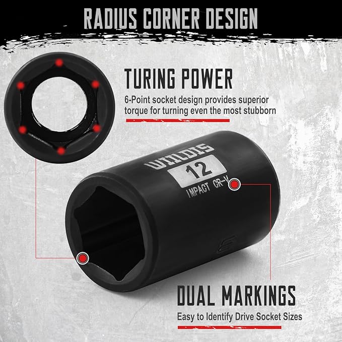 26 PCS 3/8" Drive SAE and Metric Impact Socket Set, SAE 5/16” to 7/8", Metric 7mm to 22mm, Premium Cr-V Steel, 6-Point Hex Designt,Cr-V Steel