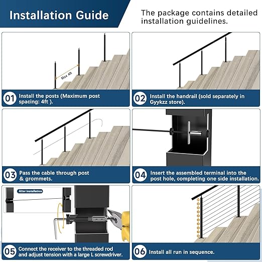 Economical 36" Stair Cable Railing Post Fit 28-38 Degree Stairway, Stainless Steel T304 Deck Post for Stair Railing System, Upgraded Black Powder Coated Wire Metal Post for Satir Indoor Outdoor