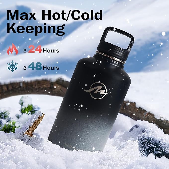 Insulated Water Bottle 64 oz with Straw Lid (3 Lids), Half Gallon Jug Flask, Large Metal Stainless Steel Bottle, 64 oz Double Wall Vacuum Sports Thermo Mug, Cold 48H Hot 24H (Black Grey)