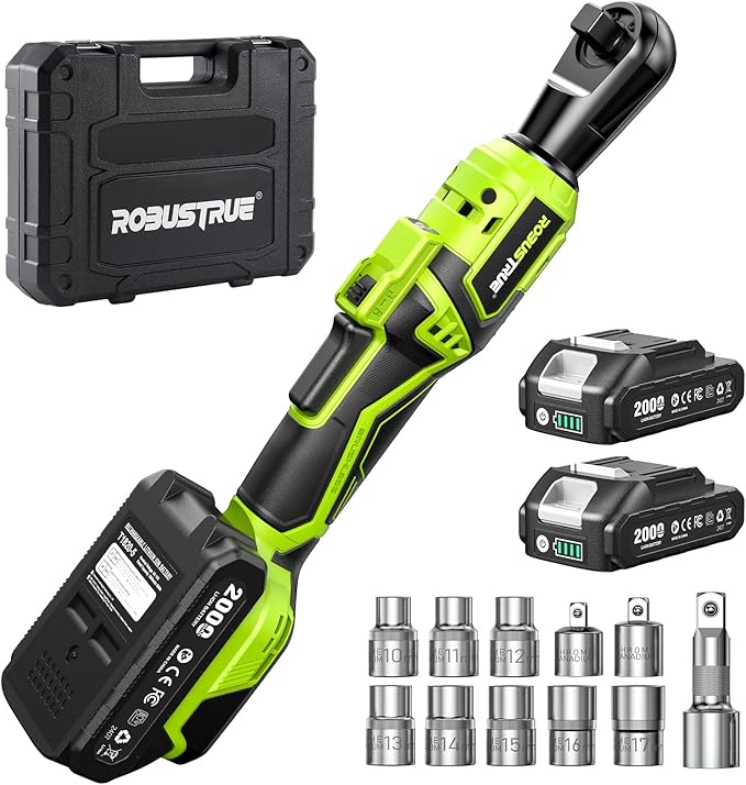 1/2" Electric Ratchet Wrench: 66Ft-lbs/400 RPM Variable Speed Cordless Power Ratchet Kit with 2x2000mAh Li-Ion Batteries, 8 Sockets, 1/4" and 3/8" Adapters, 3" Extension Bar for Auto Repair