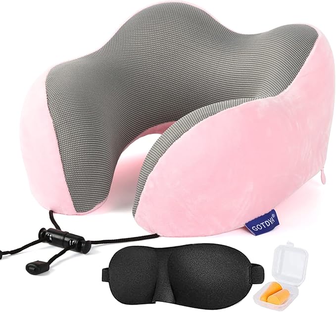 GOTDYA Travel Pillow,Travel Neck Pillows for Sleeping,100% Pure Memory Foam Soft Comfort & Support Pillow for Airplane/Car/Office&Home Rest Use-Pink