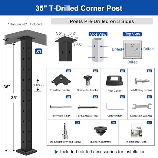 36" Cable Railing Corner Post (35"x2"x2"), 3-Side T-Drilled Flat Top Surface Mount Black Corner Post, T304 Stainless Steel One-Post Corner Solution for Indoor Outdoor, MY11