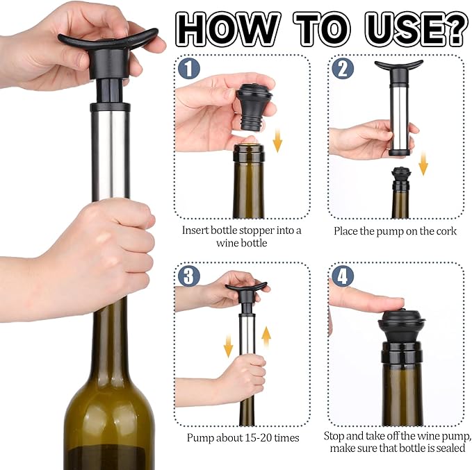 Wine Vacuum Pump and Stopper for All Standard Wine Bottles, Wine Savers Vacuum Pump Wine Preservation System with 4 Wine Pump Vacuum Stoppers for Wine Lovers Keeping Wine Fresh