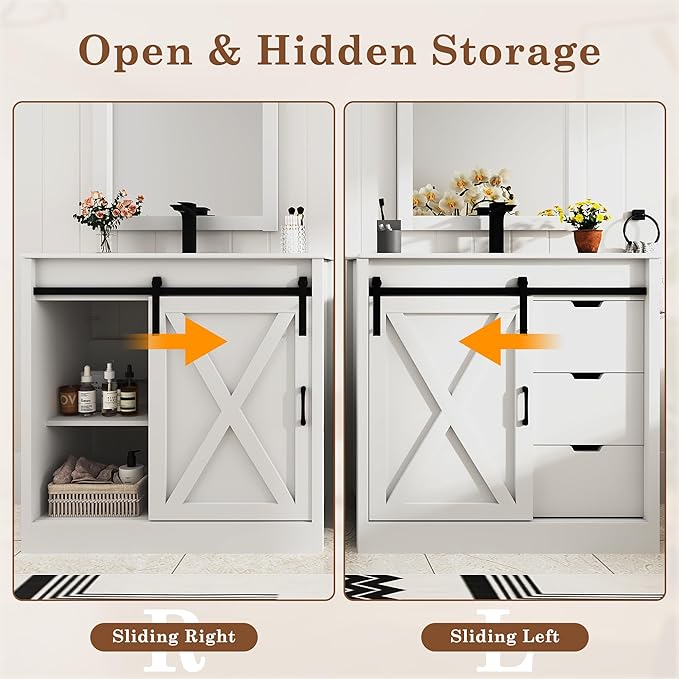 36 Inch Bathroom Vanity with Sink & Faucet & Mirror, Farmhouse Bathroom Vanity Cabinet Set with Sliding Barn Door & Drawers, Small Single Bath Storage Vanity Sink, White