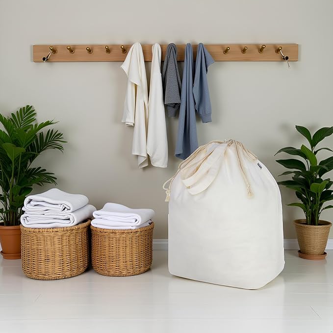 Canvas Laundry Bags with Handles & Rectangular Base, 90L Extra Large Heavy Duty Laundry Basket Hamper Liner Replacement, Washable Cotton Drawstring Dirty Clothes Bag