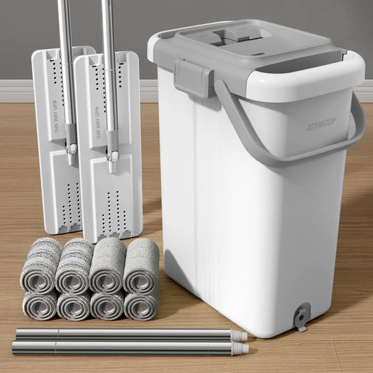 JOYMOOP Mop and Bucket with Wringer Set for Floor Cleaning and Wall Cleaner, Flat Mop and Bucket System Set with 2 Mops and 8 Large Microfiber Pads - White