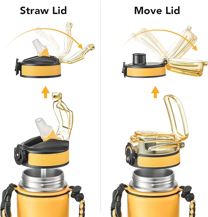 GOSWAG Insulated Sports Water Bottle, 24oz 2 Lids(with Straw/No Straw), Stainless Steel Water Bottles with Paracord Handle, Insulated Thermos with Double-Wall Vacuum Insulation