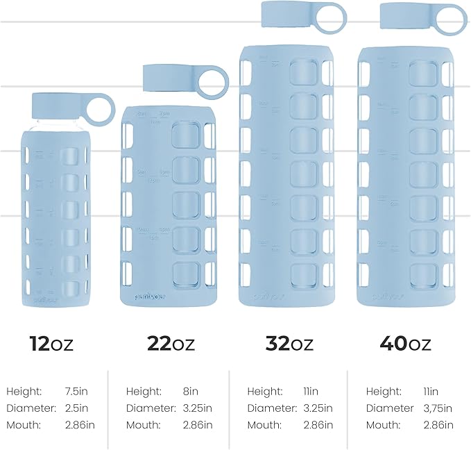 purifyou Premium 40/32 / 22/12 oz Glass Water Bottles with Volume & Times to Drink, Silicone Sleeve & Stainless Steel Lid Insert, Reusable Bottle for Fridge Water, Milk, Juice (22oz Ice Blue)