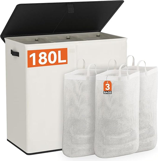 WOWLIVE Laundry Hamper with Lid,180L Large Laundry Basket 3 Section with Removable Washing Bags,Collapsible Waterproof Dirty Clothes Hamper for Laundry Room Bathroom Dorm,Beige