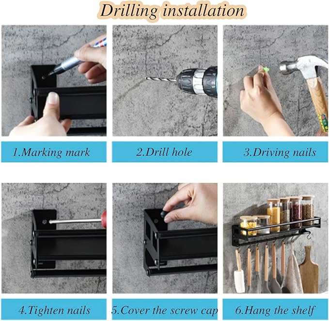 Wall Mount Storage Holder，Stainless Steel Strong Shelf with 6 Removable Hooks, Spice Rack Organizer，Kitchen Organizer Shelf, Space Saving Spice Rack and Kitchen Storage (black)