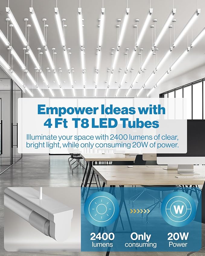 Sunco 50 Pack T8 LED Bulbs 4 Foot, 48 Inch Tube Light Bulbs Fluorescent Replacement, Single or Double Ended Hybrid Type A+B, 2400 LM, 20W, 6000K Daylight Deluxe, Frosted Lens ETL.