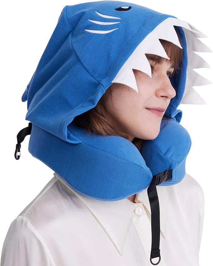 Hooded Neck Pillow for Kids and Adults, 100% Pure Memory Foam Upgraded Travel Pillow with Hood, Kids Neck Pillow for Airplane, Outdoor, Office, Soft, Washable, Easy Storage, Shark