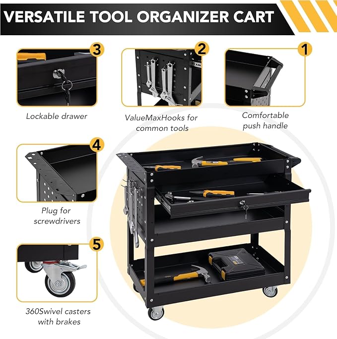 SUN & SUMMER Tool Chest with Wheels, Rolling 3-Tier Tool Cart with Wheels 330 LBS Capacity Heavy Duty Utility Industrial Service Cart with Locking System Drawer for Garage, Warehouse & Repair Shop