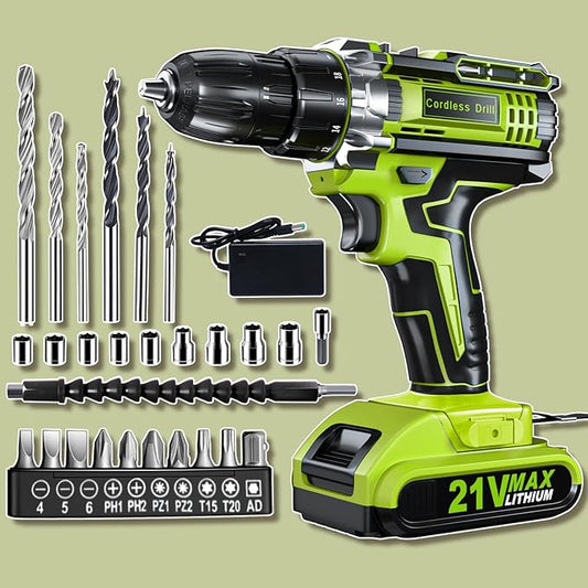 Cordless Drill Set, KELNOW 21V PowerDrill with Power Pack and Charger, 3/8-Inch Keyless Chuck ElectricDrill, 25+1 Position, 2 Speed, 27pcs Drilldriver Bits Tool Drills for DIY Projects