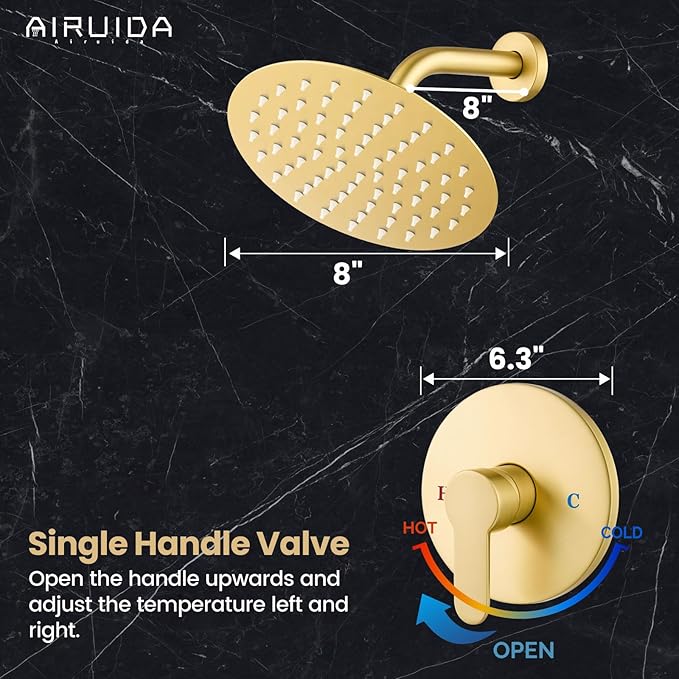 Airuida Shower Faucet Set,8 Inch Round Rainfall Shower Head,SUS304 Stainless Steel Single Handle Shower Trim Kit,Wall Mount Bathroom System with Female Threads Valve Brushed Gold
